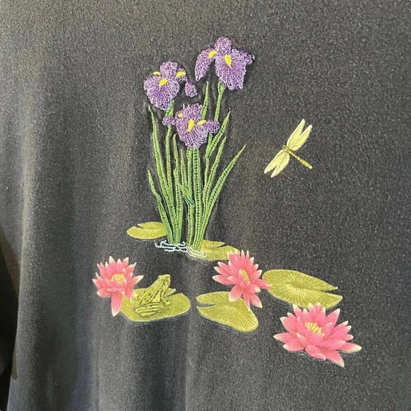 Top Stitch Morning Sun Embroidered T Shirt Plus 3X Dragonfly Lilypad Frog Flower - Picture 3 of 8